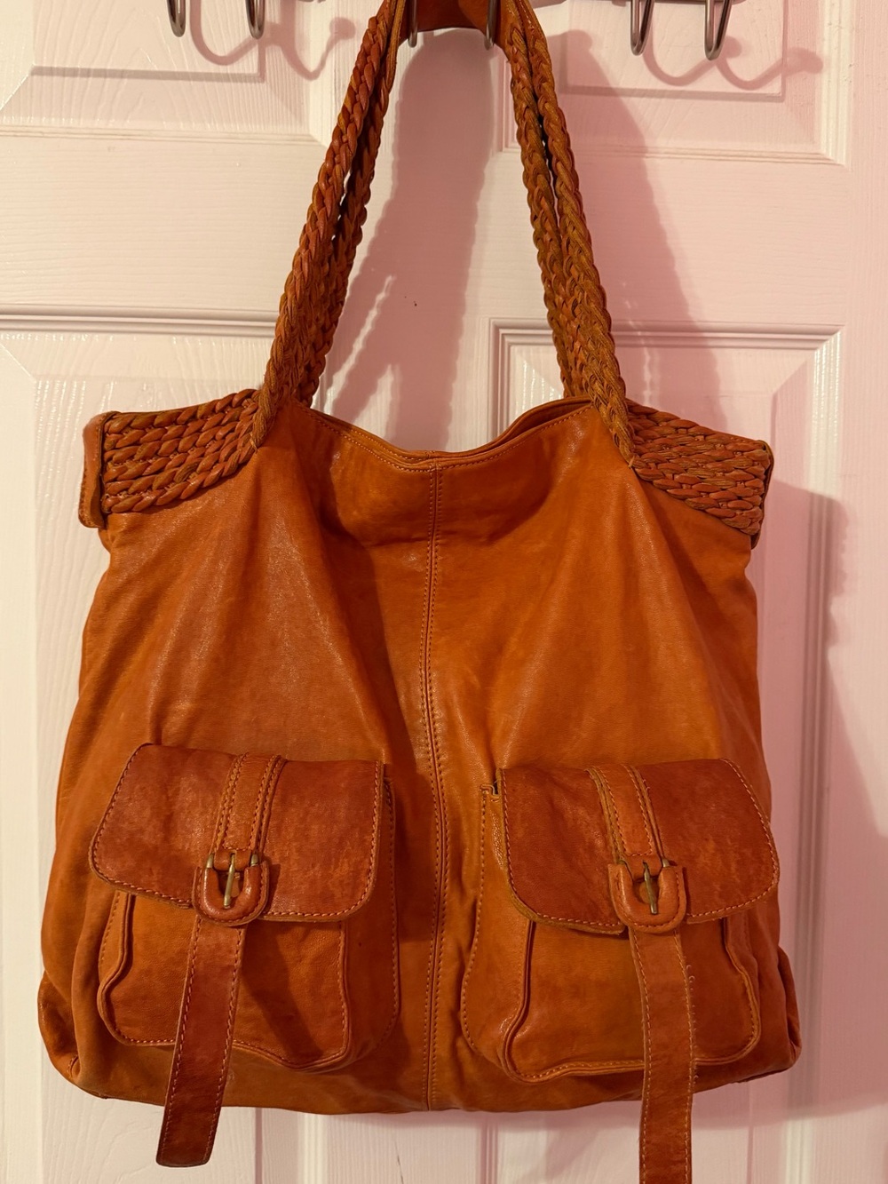Hobo International Bodega Bay Braided Handle Rustic Orange Leather Tote Bag